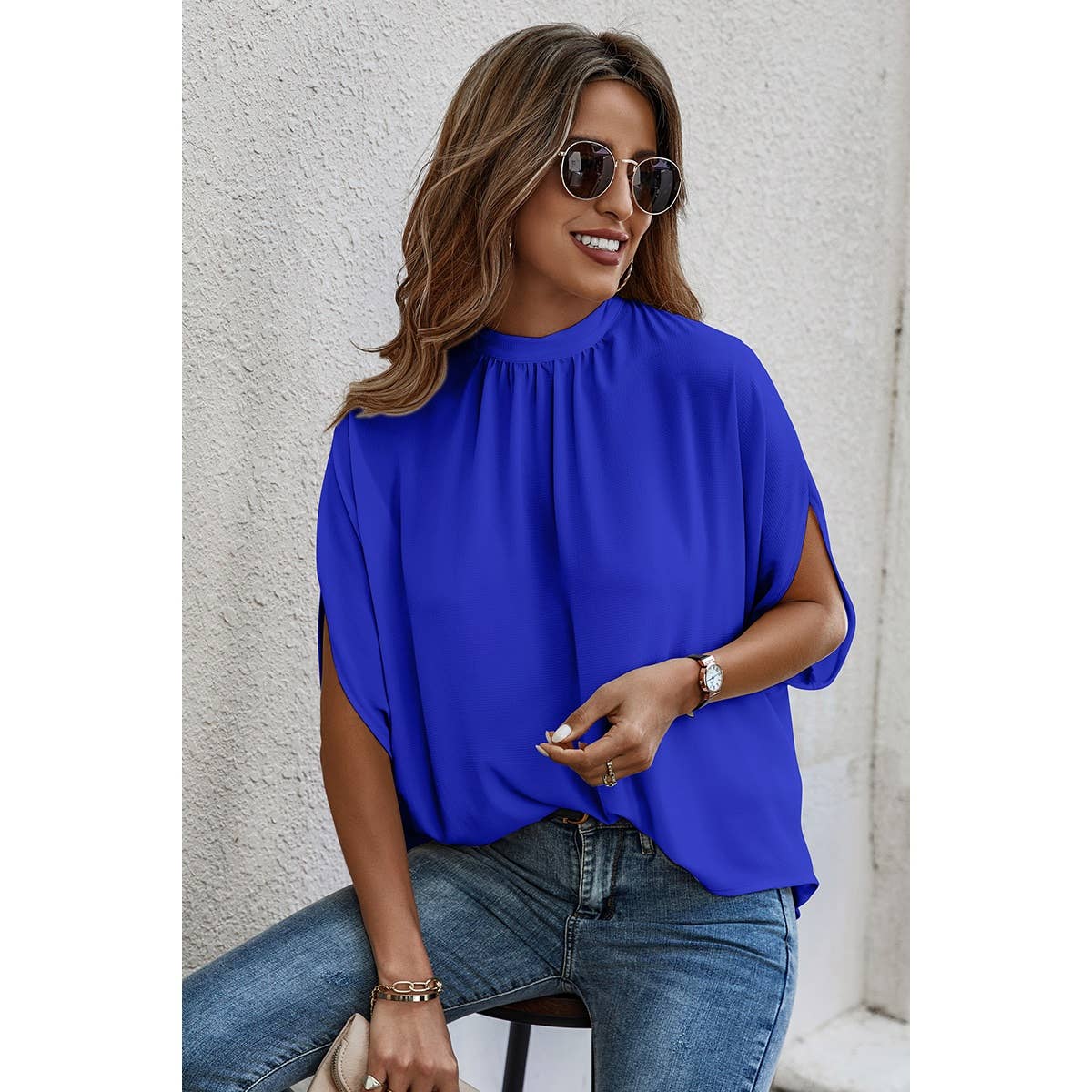 Solid Cape Short Sleeve Loose Top: NAVY / M