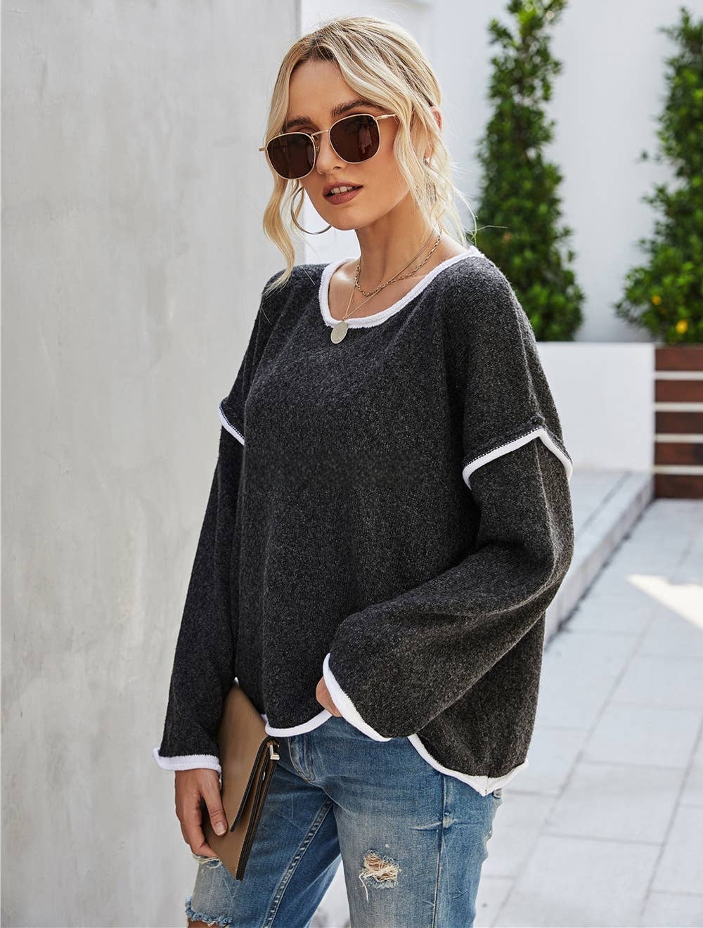 CWOSWL1043_Casual Crew Neck Pullover Long Sleeve Sweater: KHAKI / (S) 1