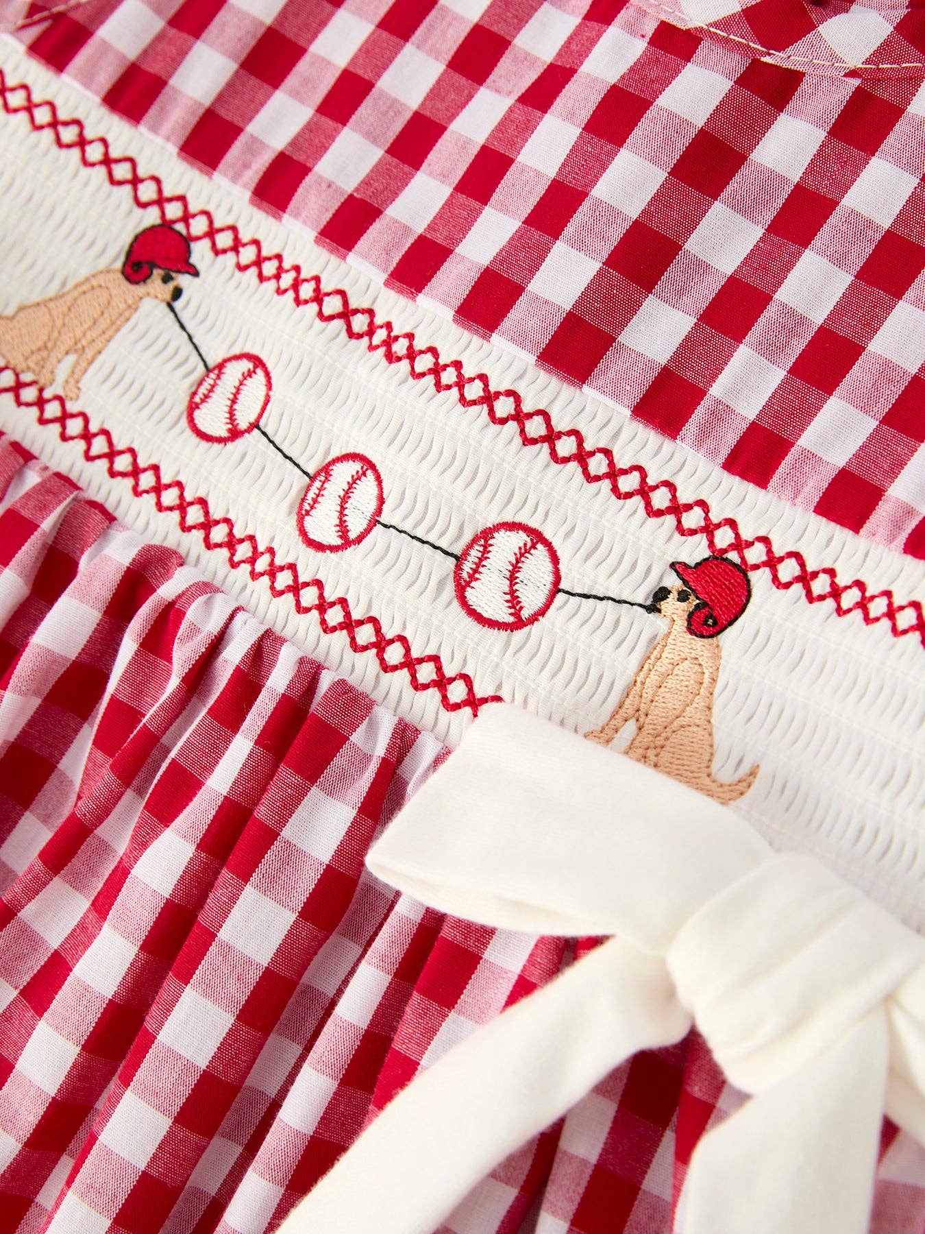2T Mommy & Me Girl Dress – Dog Baseball Smocking Embroidery Outfit