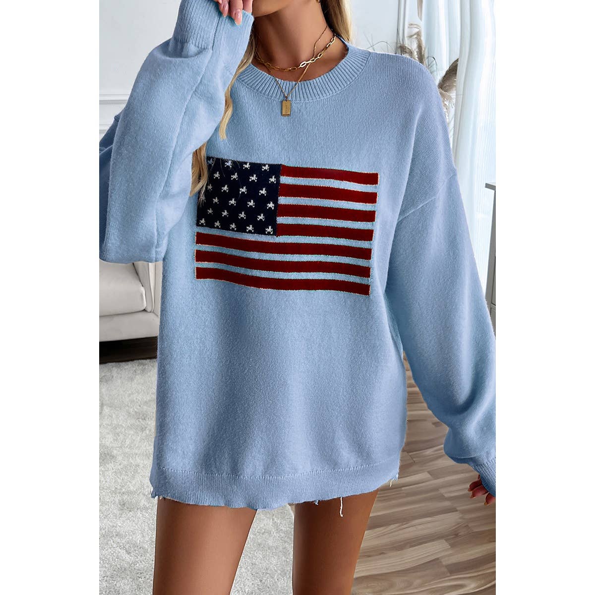 BEIGE L - Knit Round Neck Flag Print Loose Fit Sweater