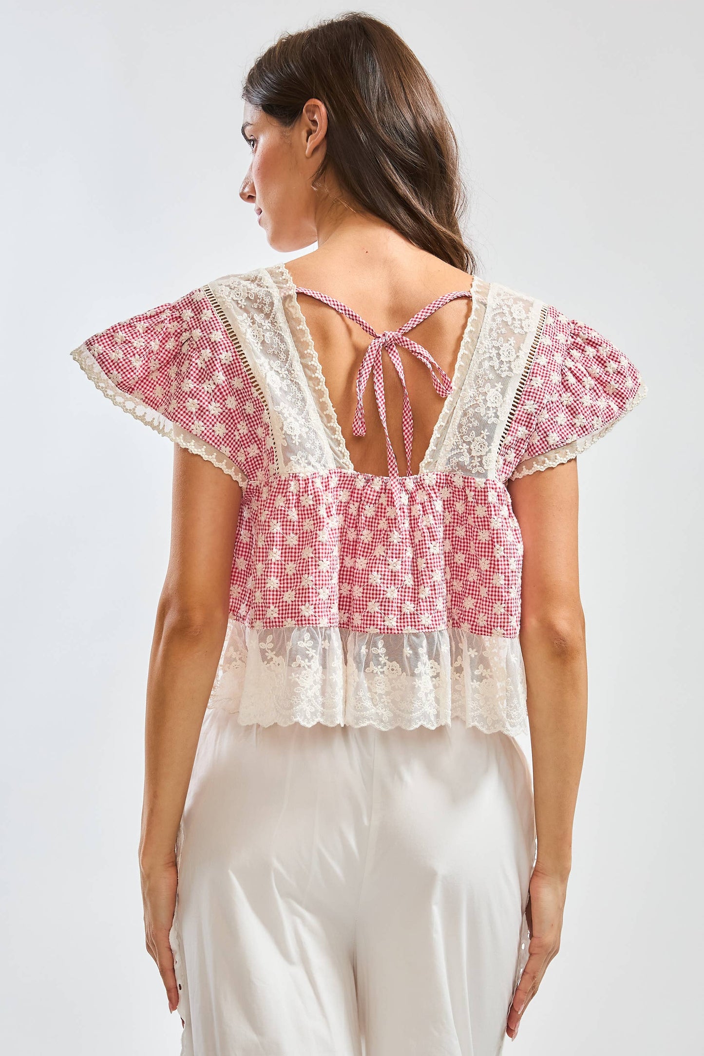 LACE-TRIMMED BLOUSE: RED