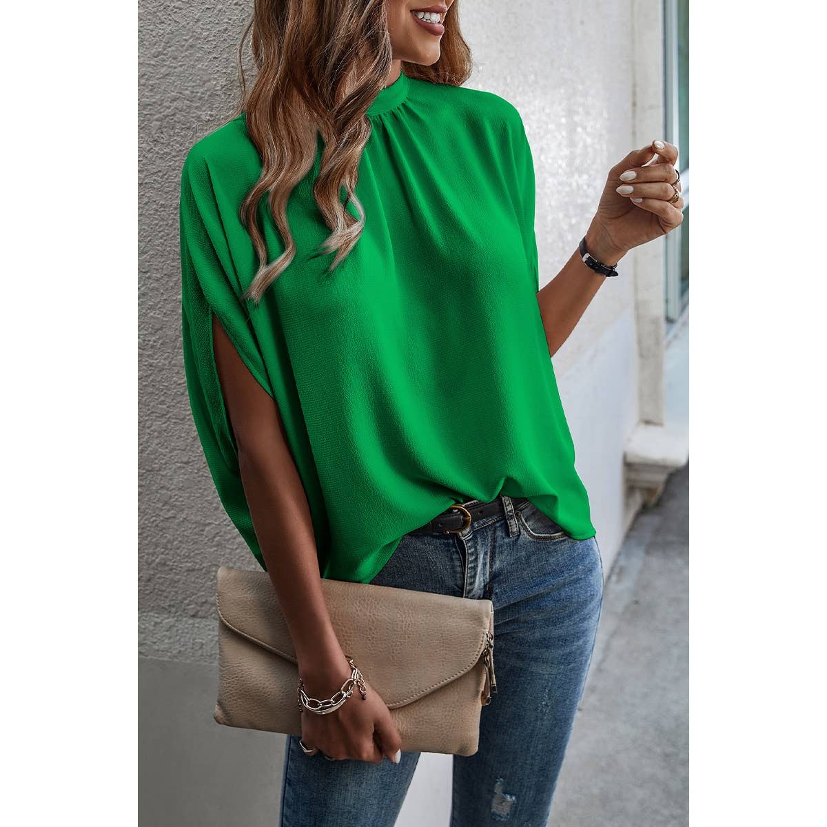 Solid Cape Short Sleeve Loose Top: GREEN LEOPARD / L