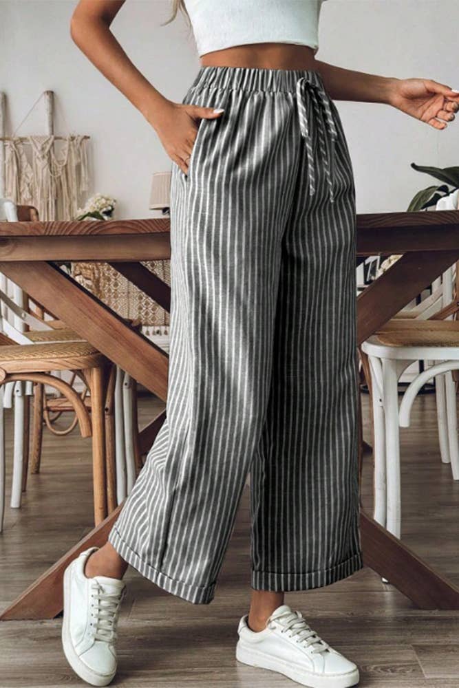 (L) Stripes Wide Leg Cropped Pants ZK2163: Black / L
