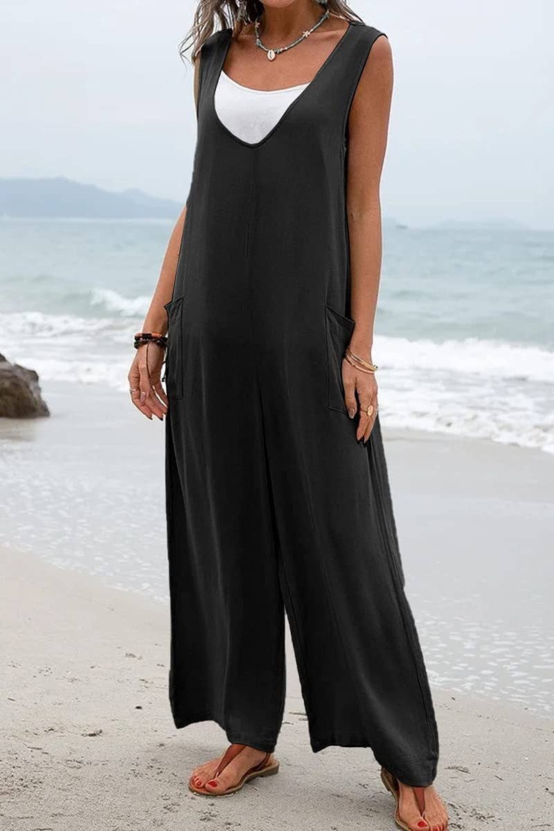 2XL / CWSJS1433_SOLID COLOR LOOSE POCKET SLEEVELESS JUMPSUIT: KHAKI / (2XL) 1