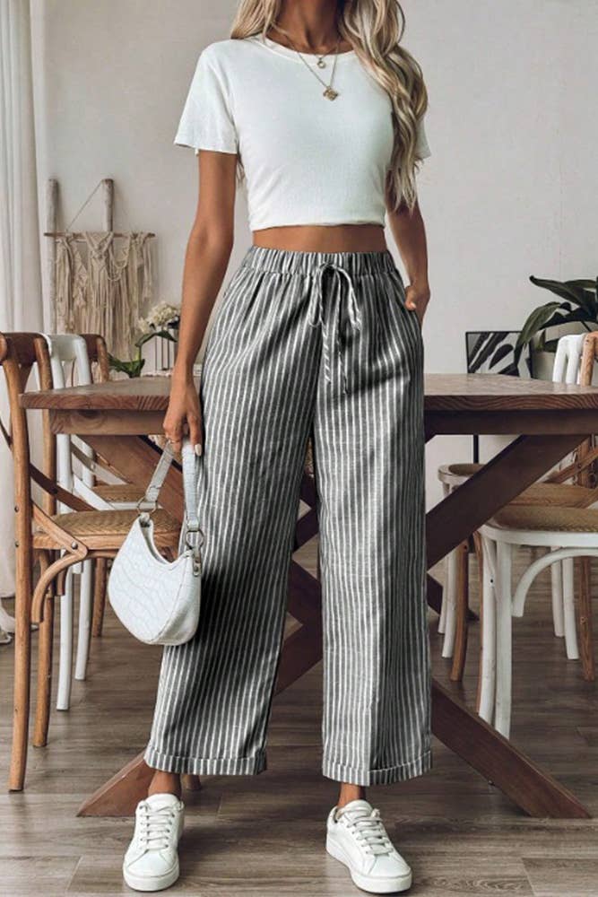 (M) Stripes Wide Leg Cropped Pants ZK2163: Black / M