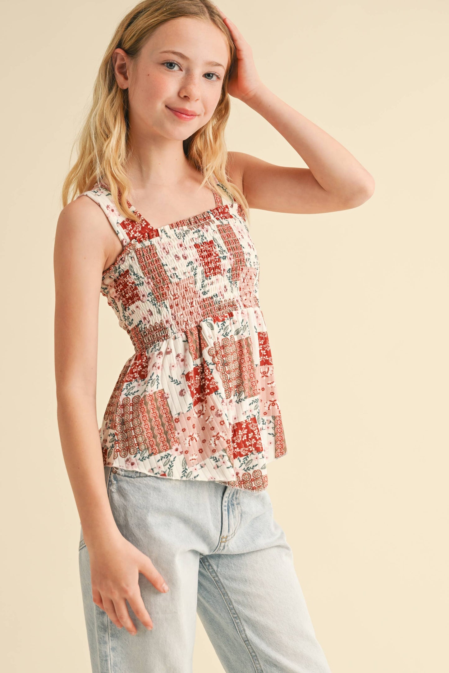 TWEEN GIRLS KIDS WIDE STRAP PEPLUM TANK WITH SMOCKED (XS-XL): L