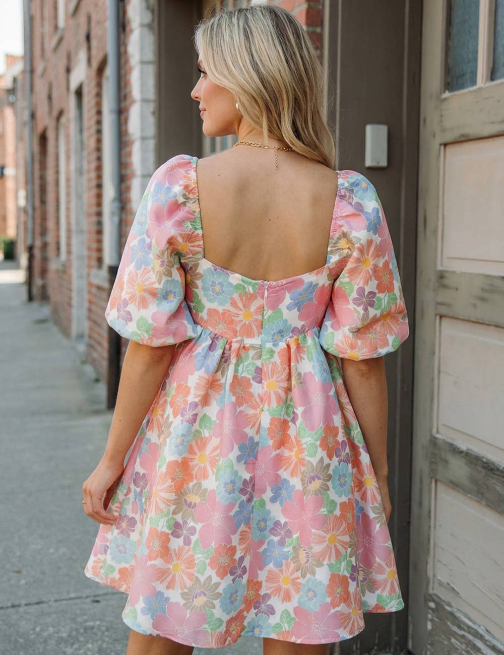 Floral Square Neck Puff Sleeve Babydoll Mini Dress