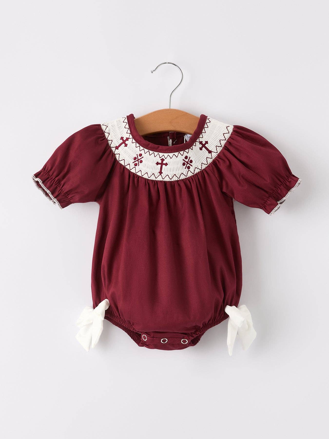 6M Dark Red Smocked Church Christ Bishop Christening  Girls Romper