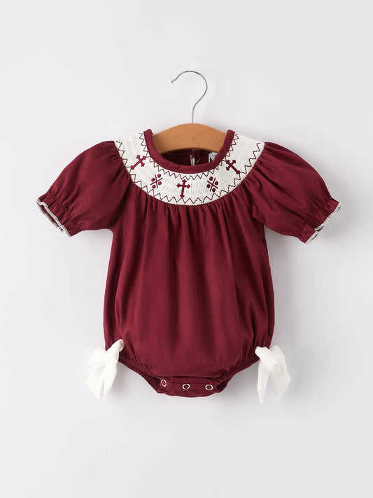 3M Dark Red Smocked Church Christ Bishop Christening  Girls Romper