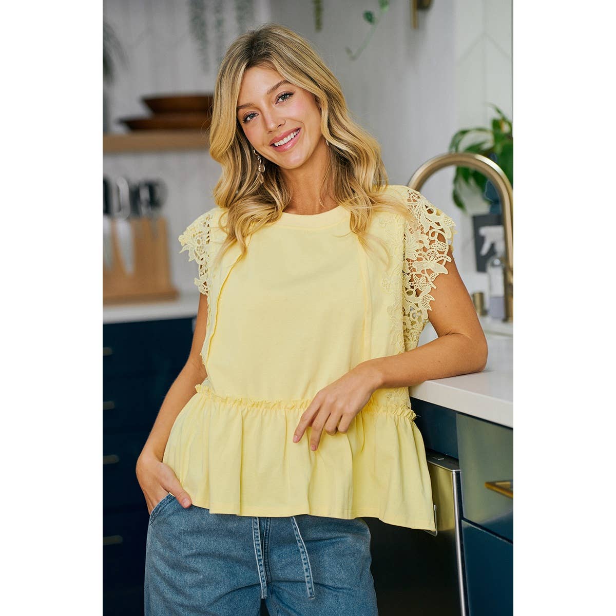 SOLID JERSEY TIERED TOP WITH LACE SLEEVE
