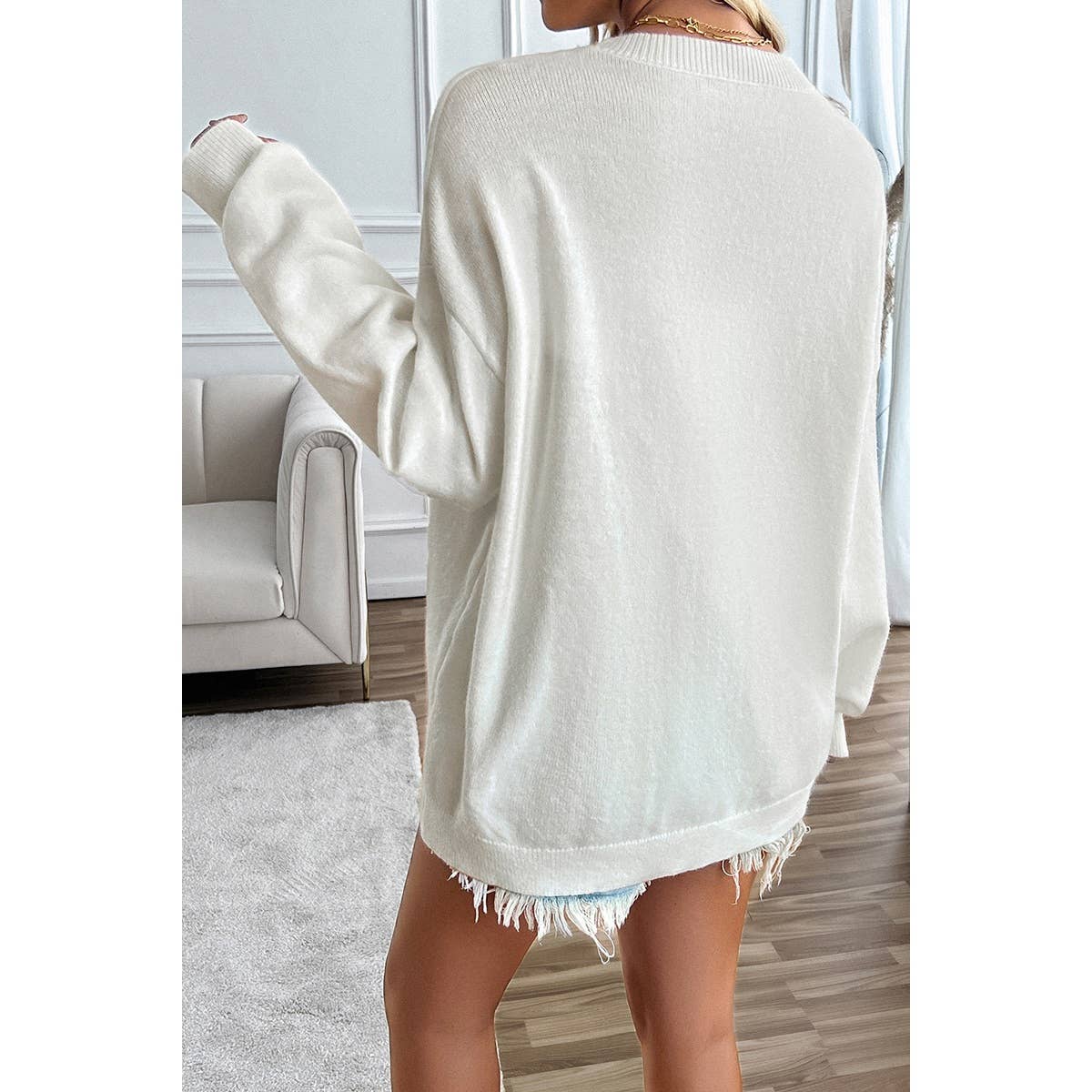 WHITE S - Knit Round Neck Flag Print Loose Fit Sweater