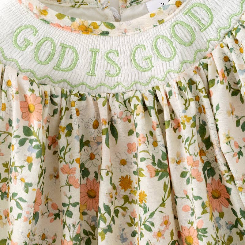 Baby Girls Fall "GOD IS GOOD" Smocked Embroidery Floral Romper: 6-12M