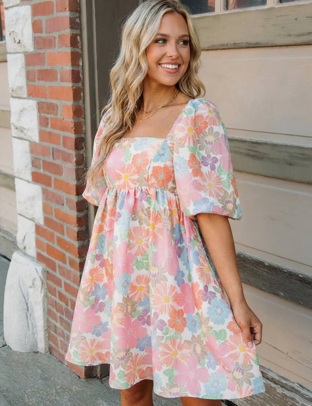 Floral Square Neck Puff Sleeve Babydoll Mini Dress