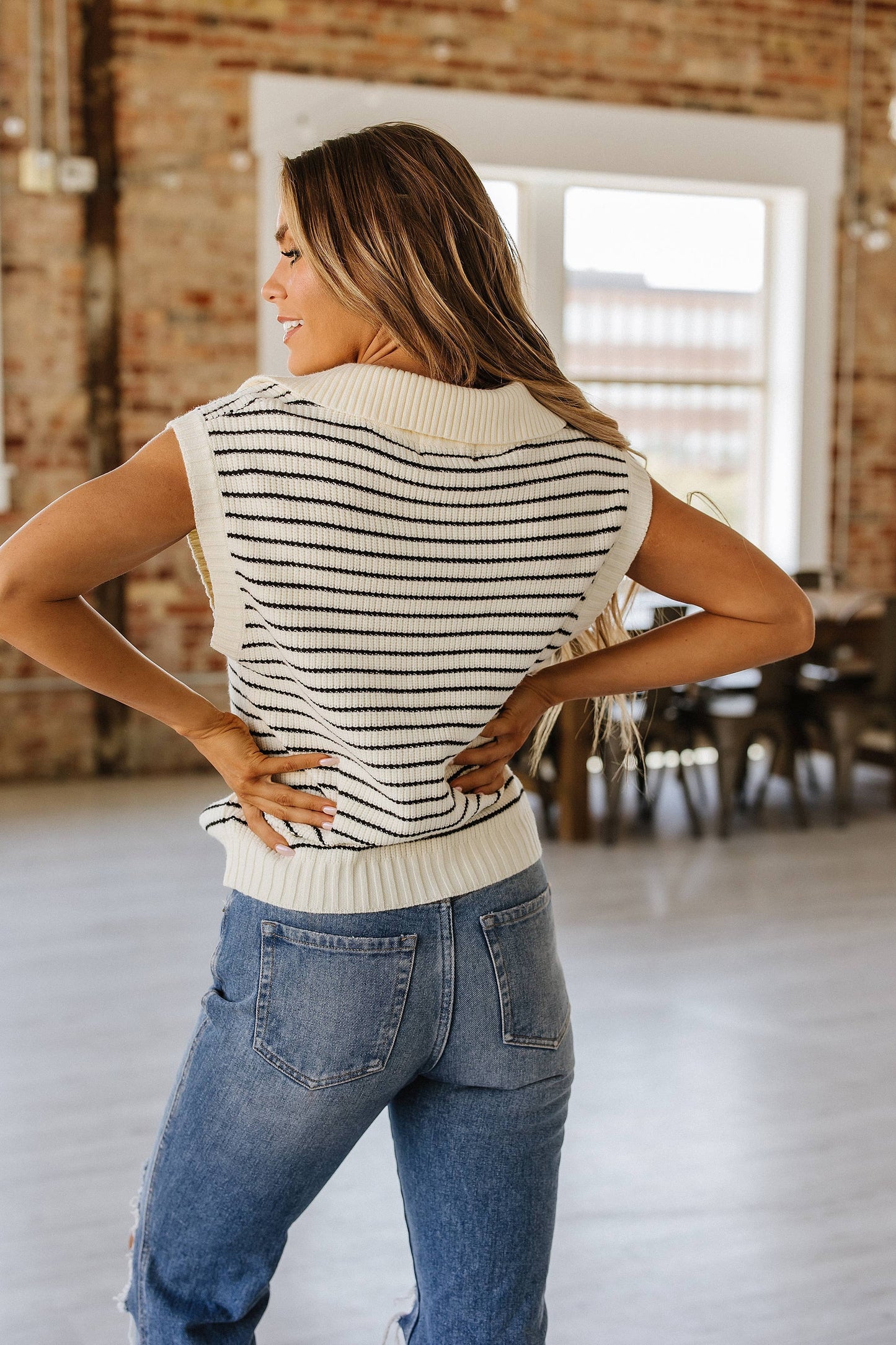 London Collared Tank Top : Beige Stripe / M