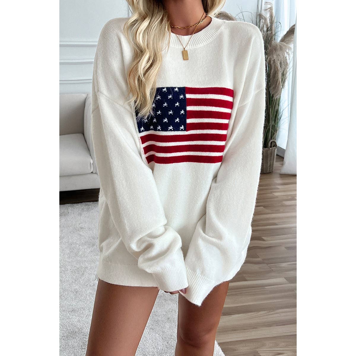 BEIGE L - Knit Round Neck Flag Print Loose Fit Sweater