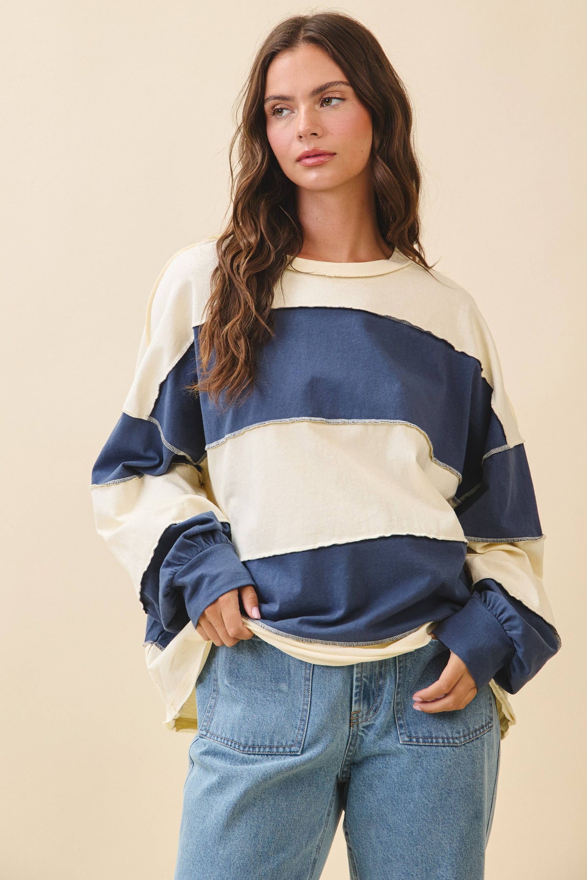 Oversized Color Block Long Sleeve Pullover