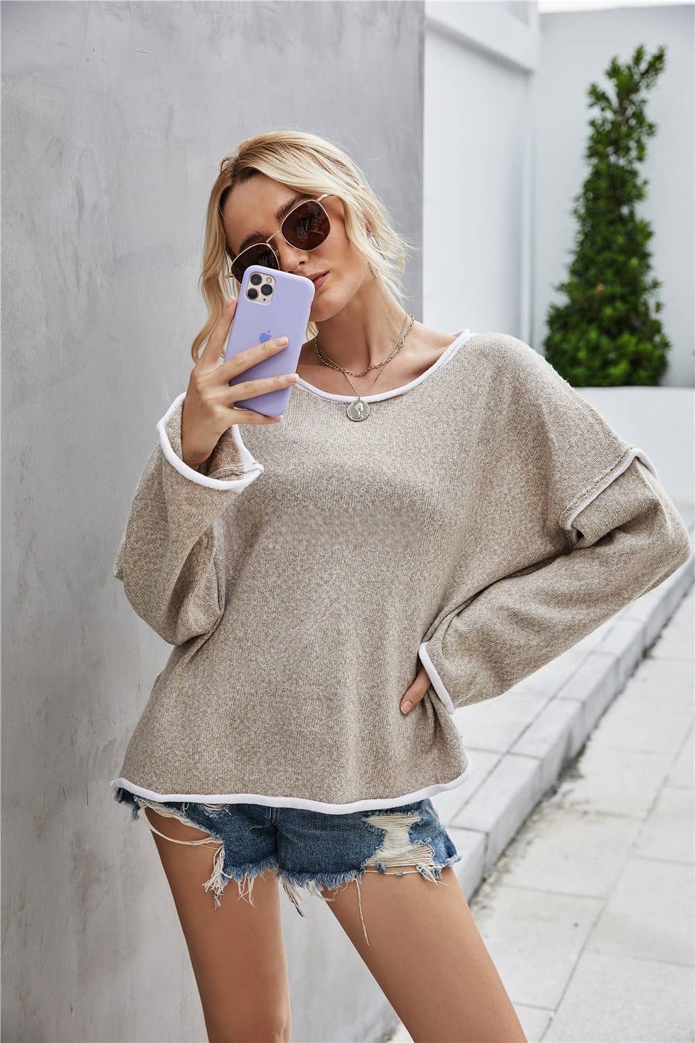 CWOSWL1043_Casual Crew Neck Pullover Long Sleeve Sweater: KHAKI / (M) 1