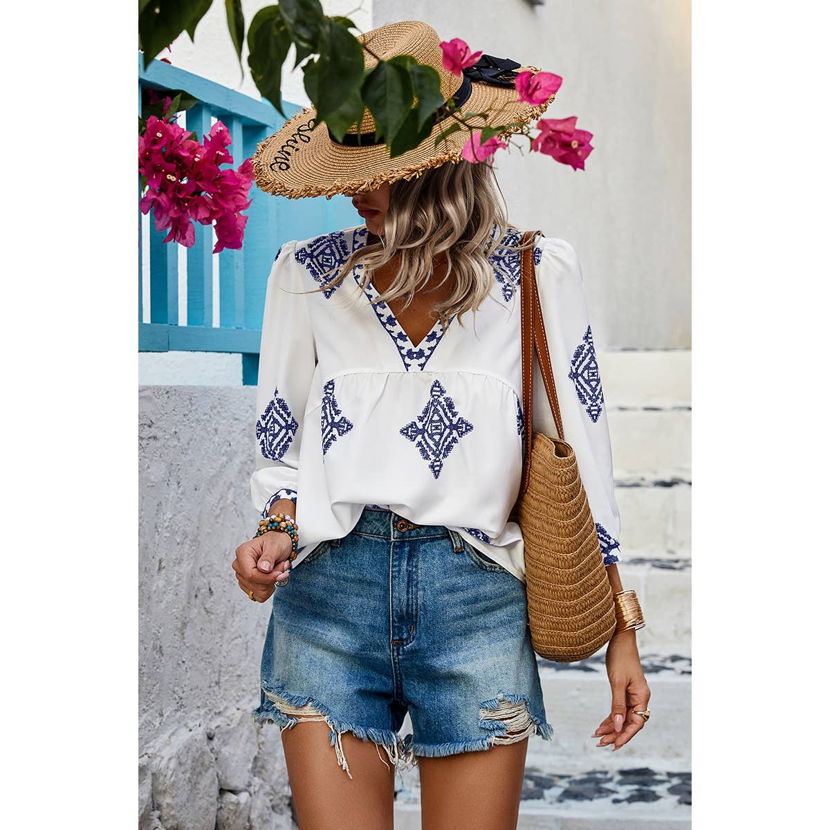 (XL) Printed T Shirt V Neck Loose Puff Sleeves Shirts: WHITE / XL