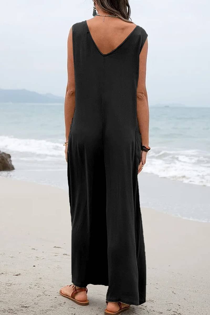 (S) CWSJS1433_SOLID COLOR LOOSE POCKET SLEEVELESS JUMPSUIT: BLACK / (S) 1