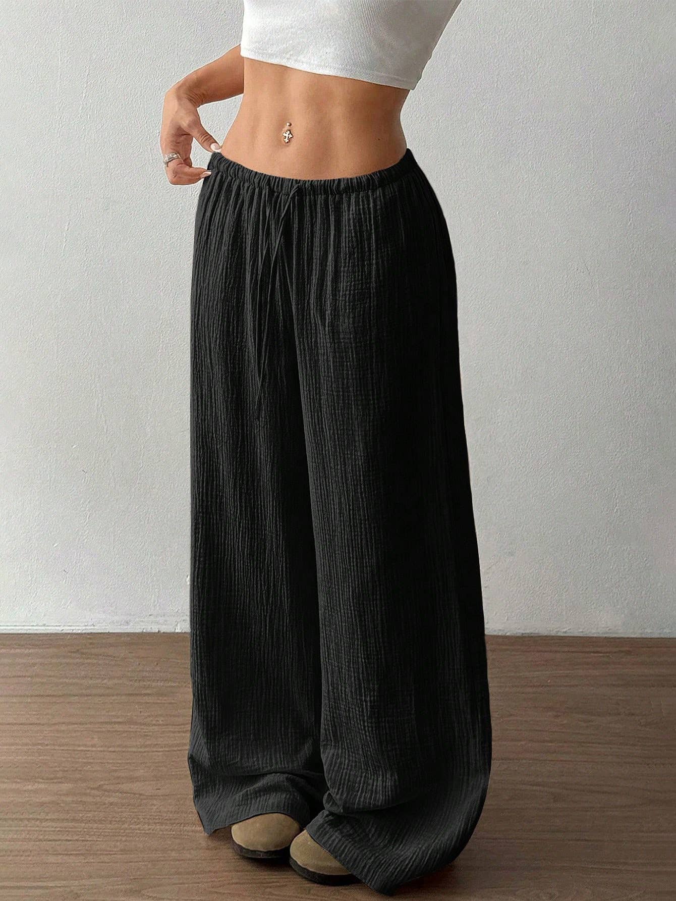 (S) Pure cotton pure color easy wide-legged pants: WHITE / (S) 1