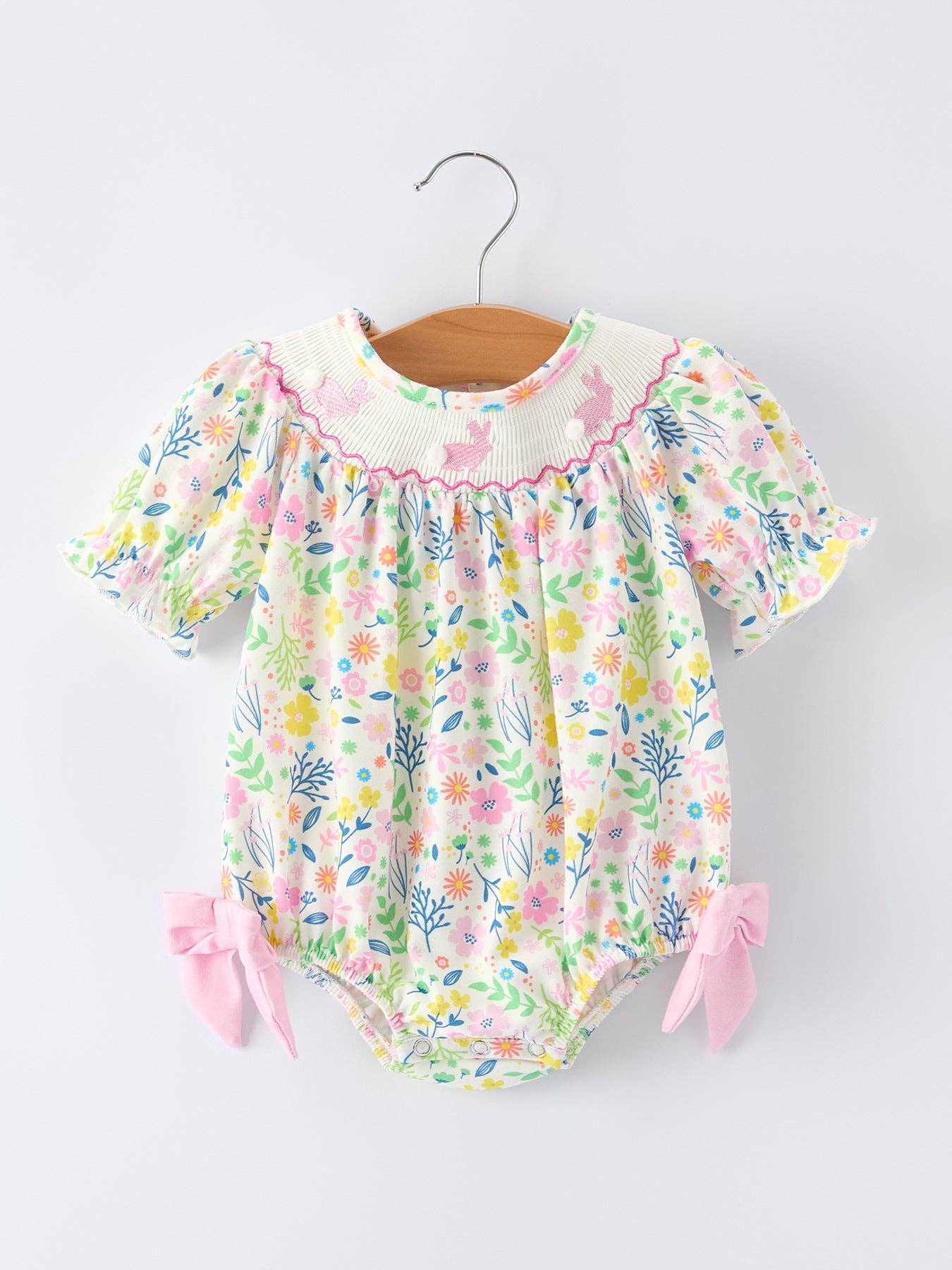 12M Easter Bunny Embroidered Pom-Pom Short-Sleeved  Girls Romper
