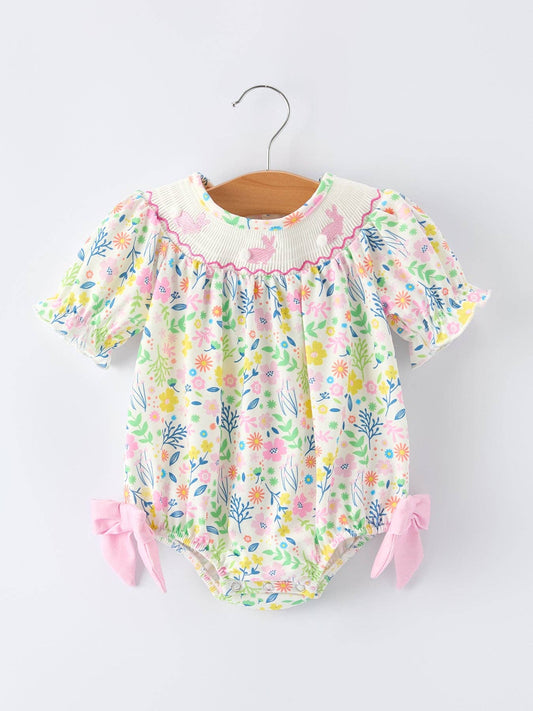 6M Easter Bunny Embroidered Pom-Pom Short-Sleeved  Girls Romper