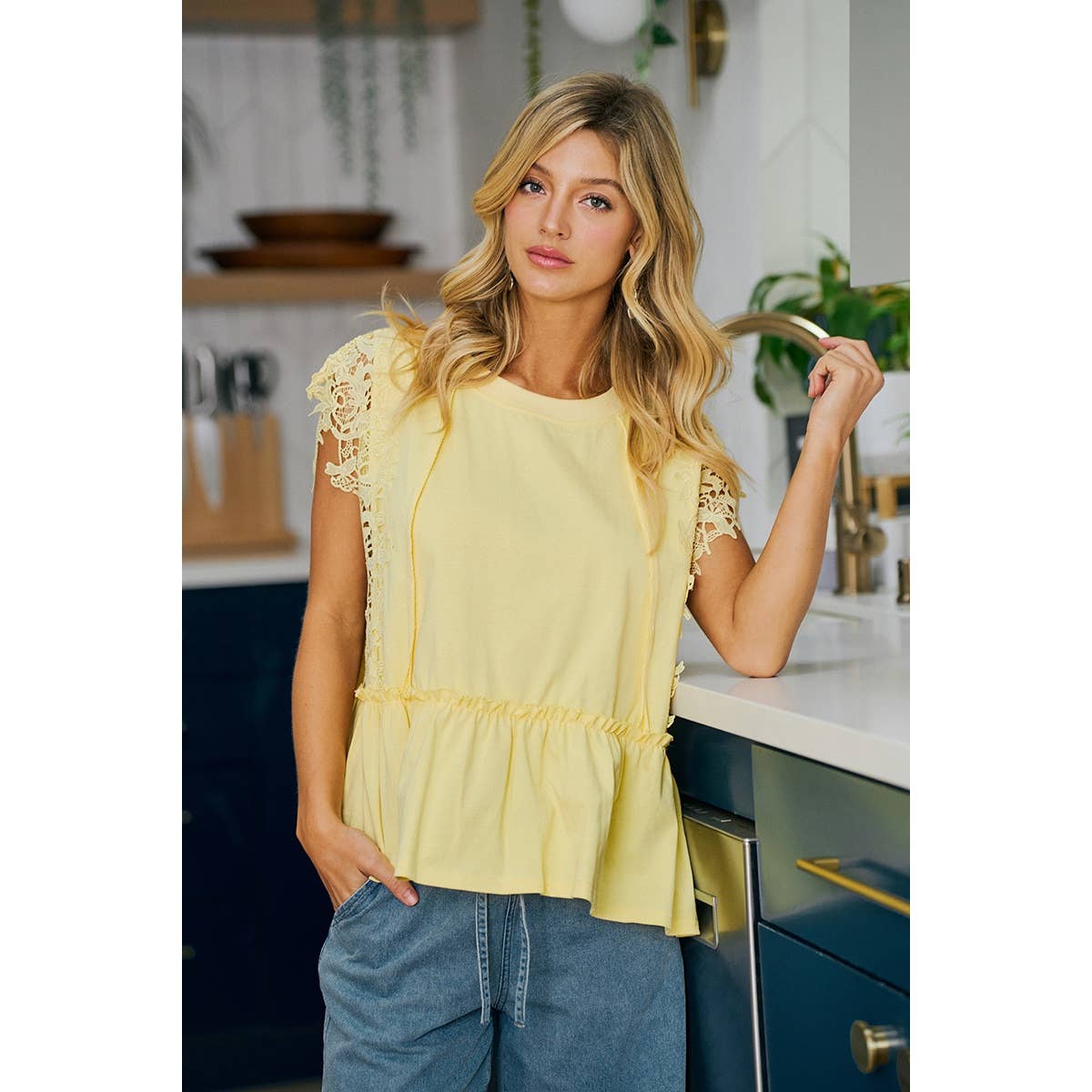 SOLID JERSEY TIERED TOP WITH LACE SLEEVE