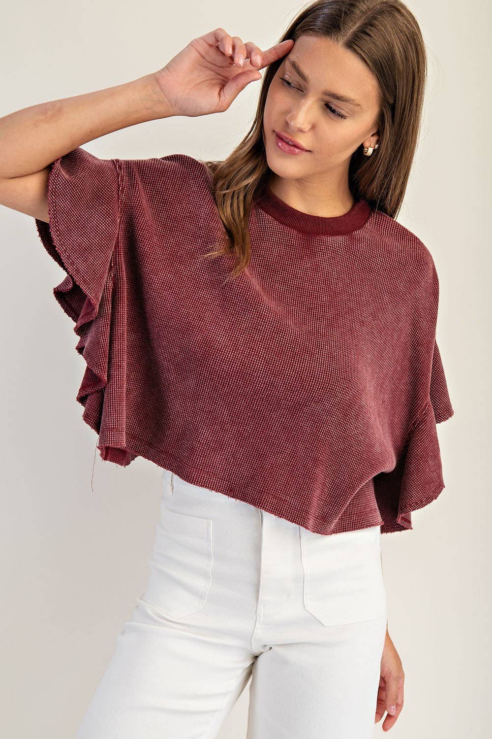 PL8297 - WAFFLE KNIT TIERED FLUTTER SLEEVE CROP TOP