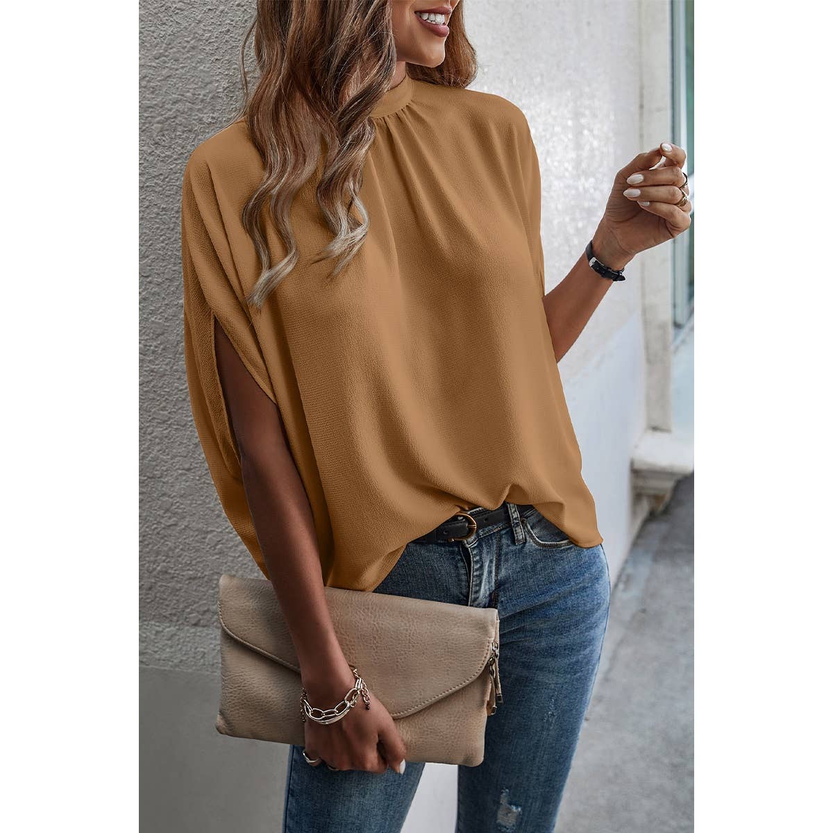 Solid Cape Short Sleeve Loose Top: GREEN LEOPARD / XL