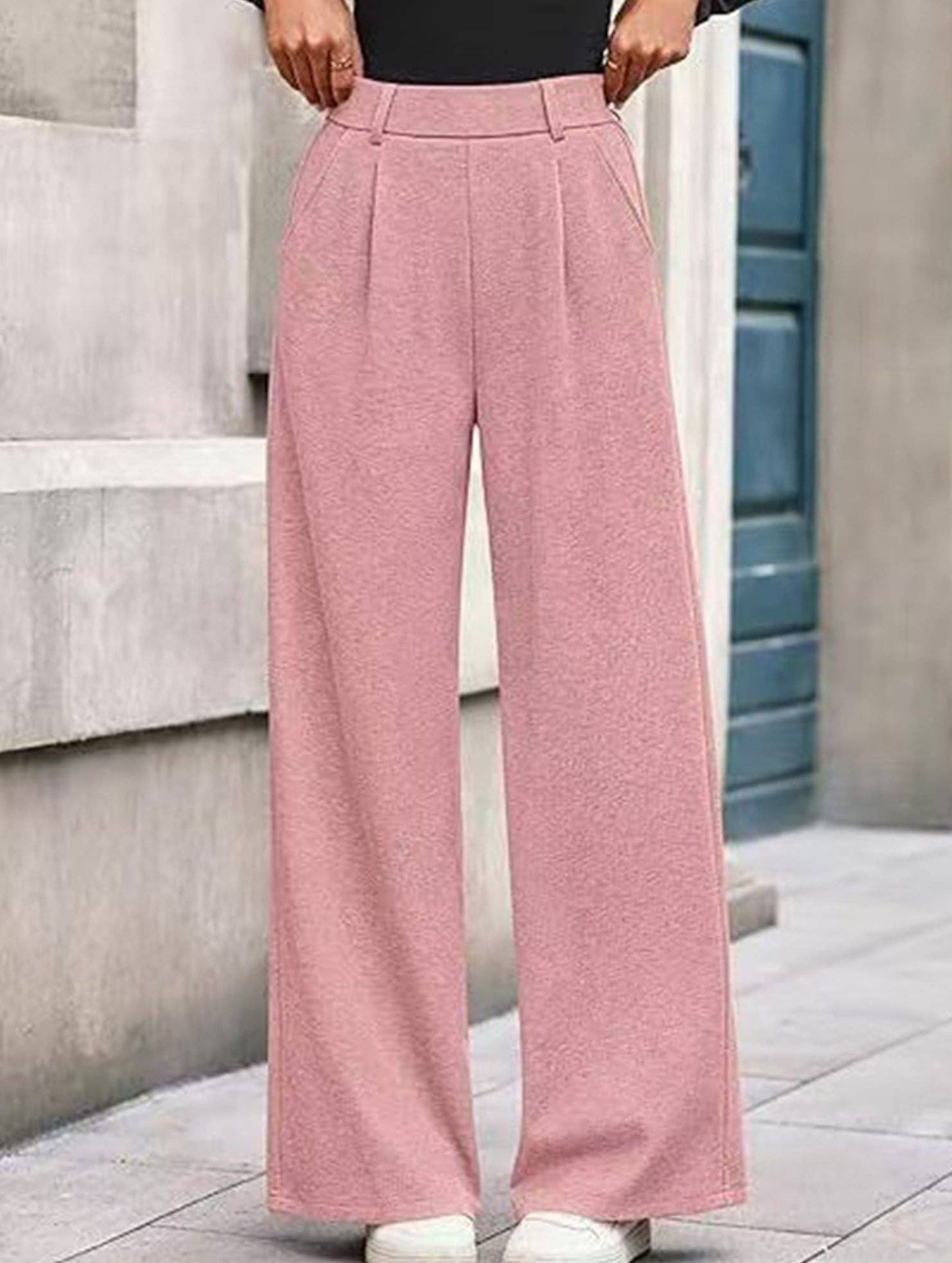 (M) Versatile solid color straight wide-leg pants: Black / (M) 1