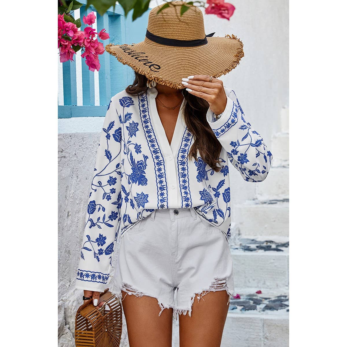(M)Floral Print Notched Collar V Neck Shirt: WHITE / M