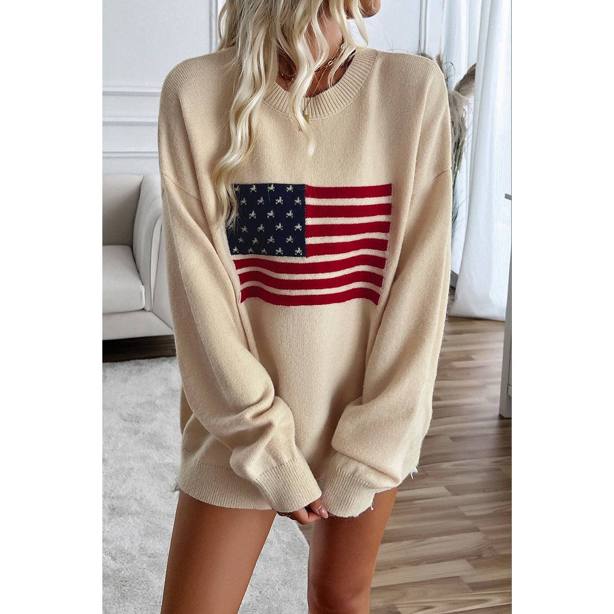 WHITE S - Knit Round Neck Flag Print Loose Fit Sweater