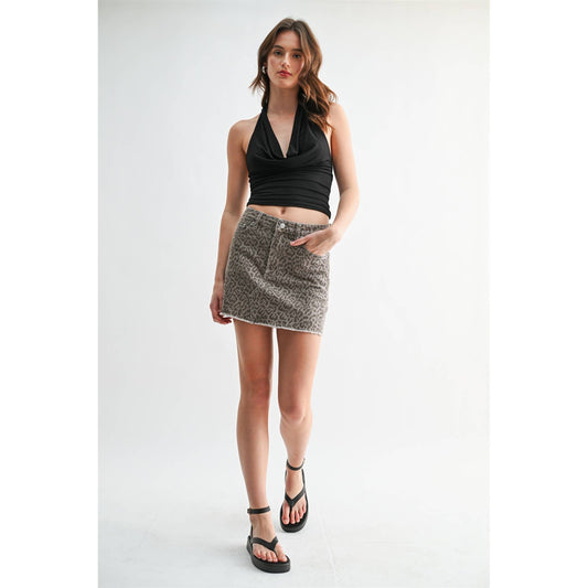 HIGH RISE RAW HEM MINI SKIRT LEOPARD