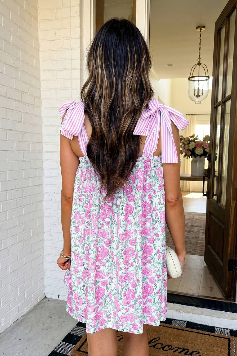 LAS Floral Stripe Patchwork Bow Knot Strap Mini Dress (S-XL)