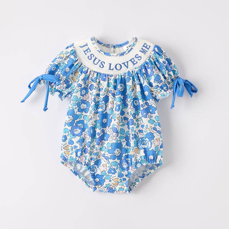 Baby Girls "JESUS LOVES ME" Blue Floral Smocked Embroidery Romper: 0-3M
