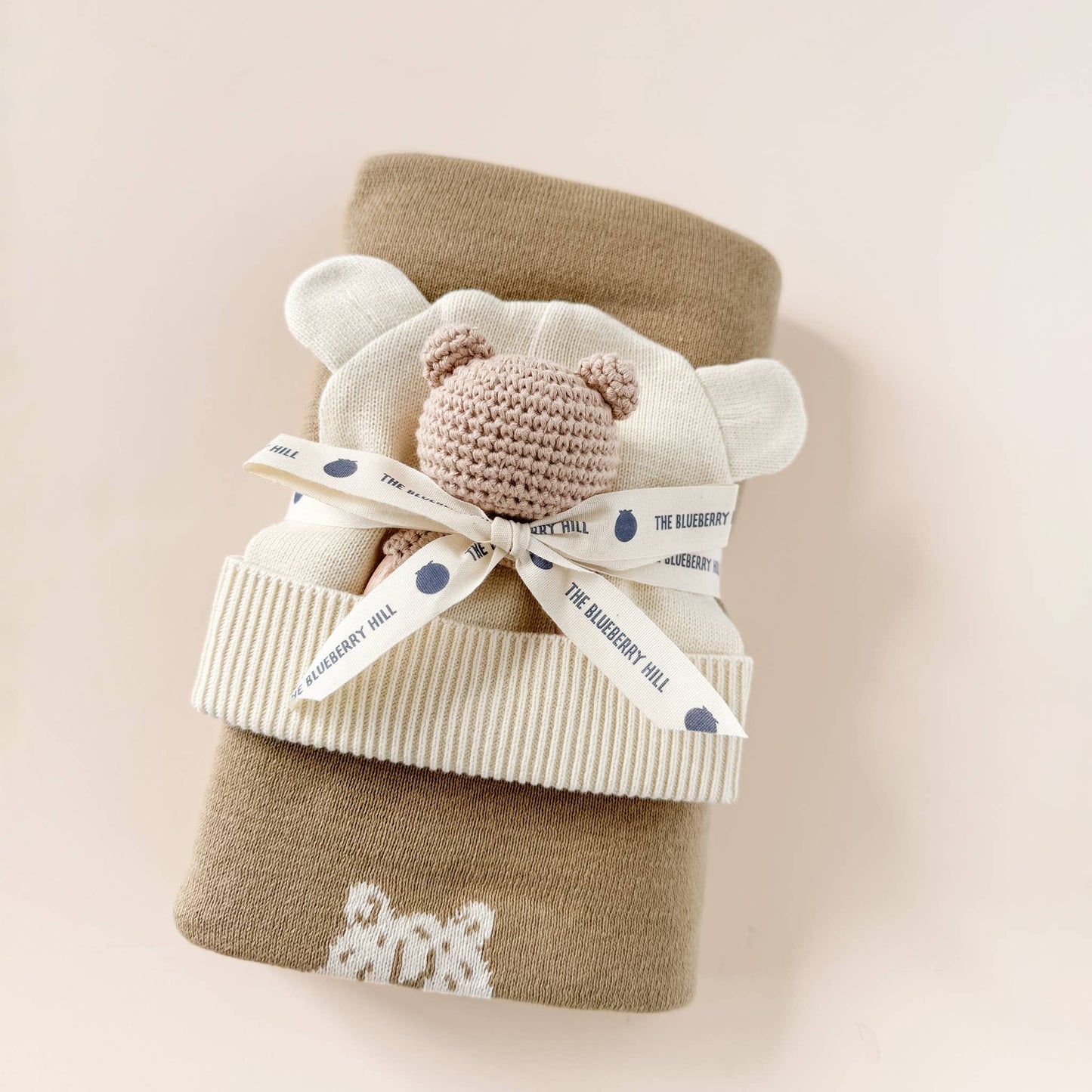 Set Honey Bear Blanket Hat and Teether Baby Gift Summer: Brown Bear