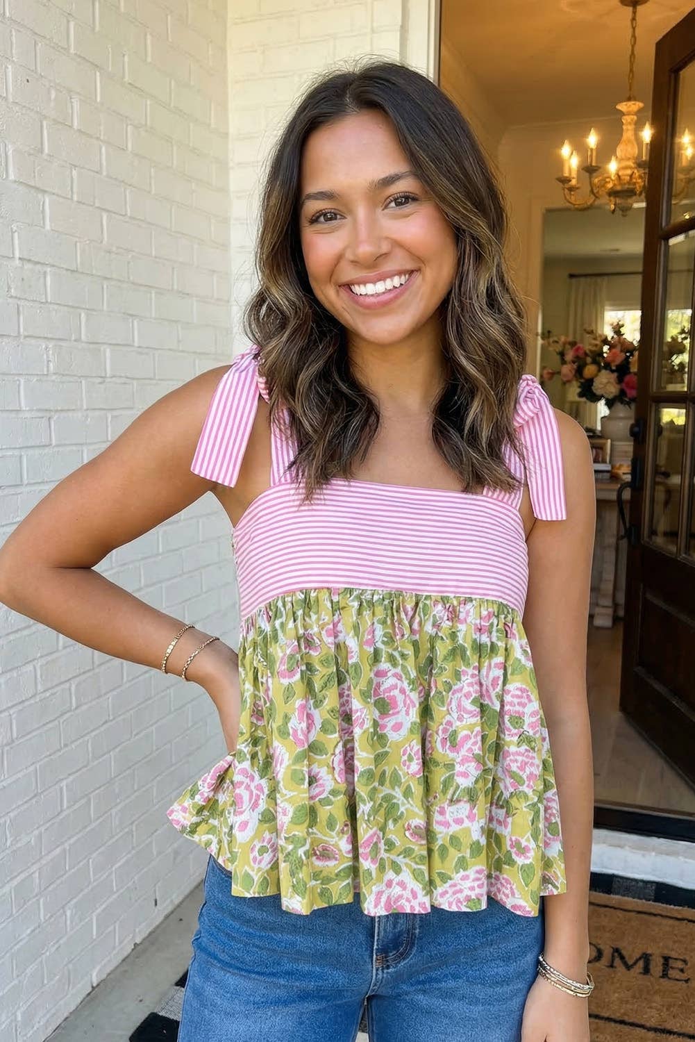 LAS Floral Printed Knot Straps Babydoll Tank Top (S-XL)