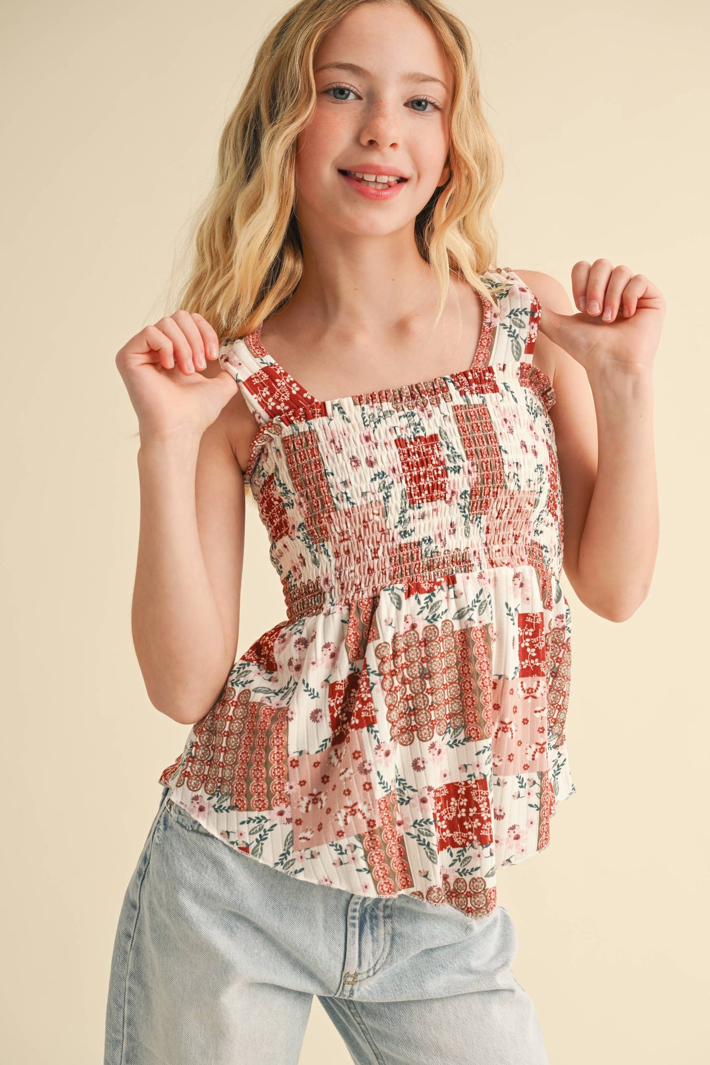 TWEEN GIRLS KIDS WIDE STRAP PEPLUM TANK WITH SMOCKED (XS-XL): M