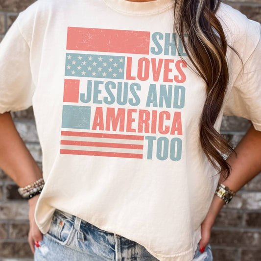 She Loves Jesus and America Too USA Graphic Tee
