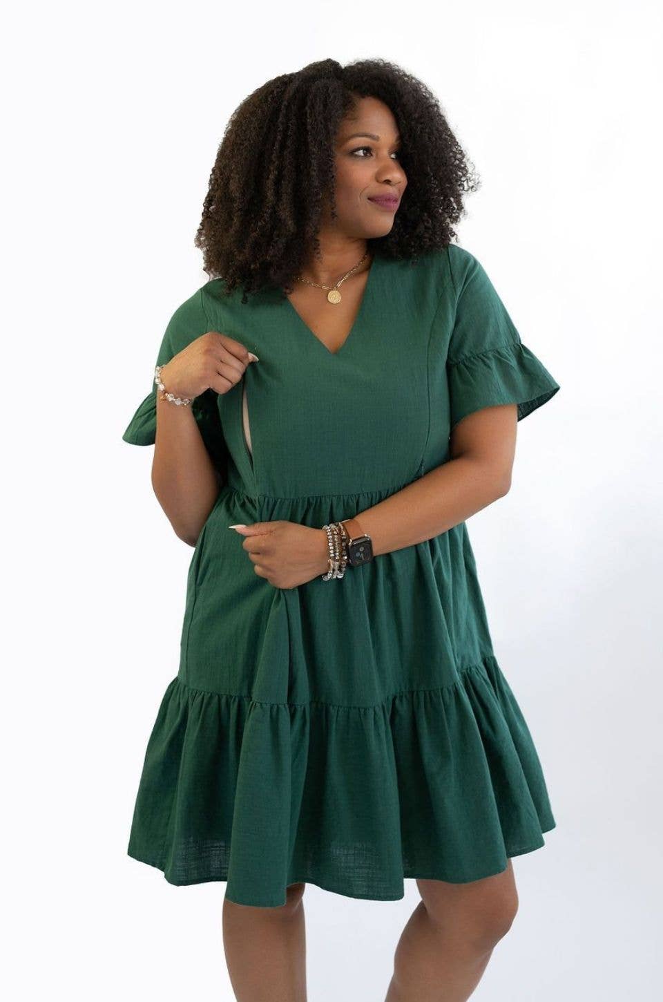 Bell Sleeve- Green: M (8/10): Nursing Dress With Pockets