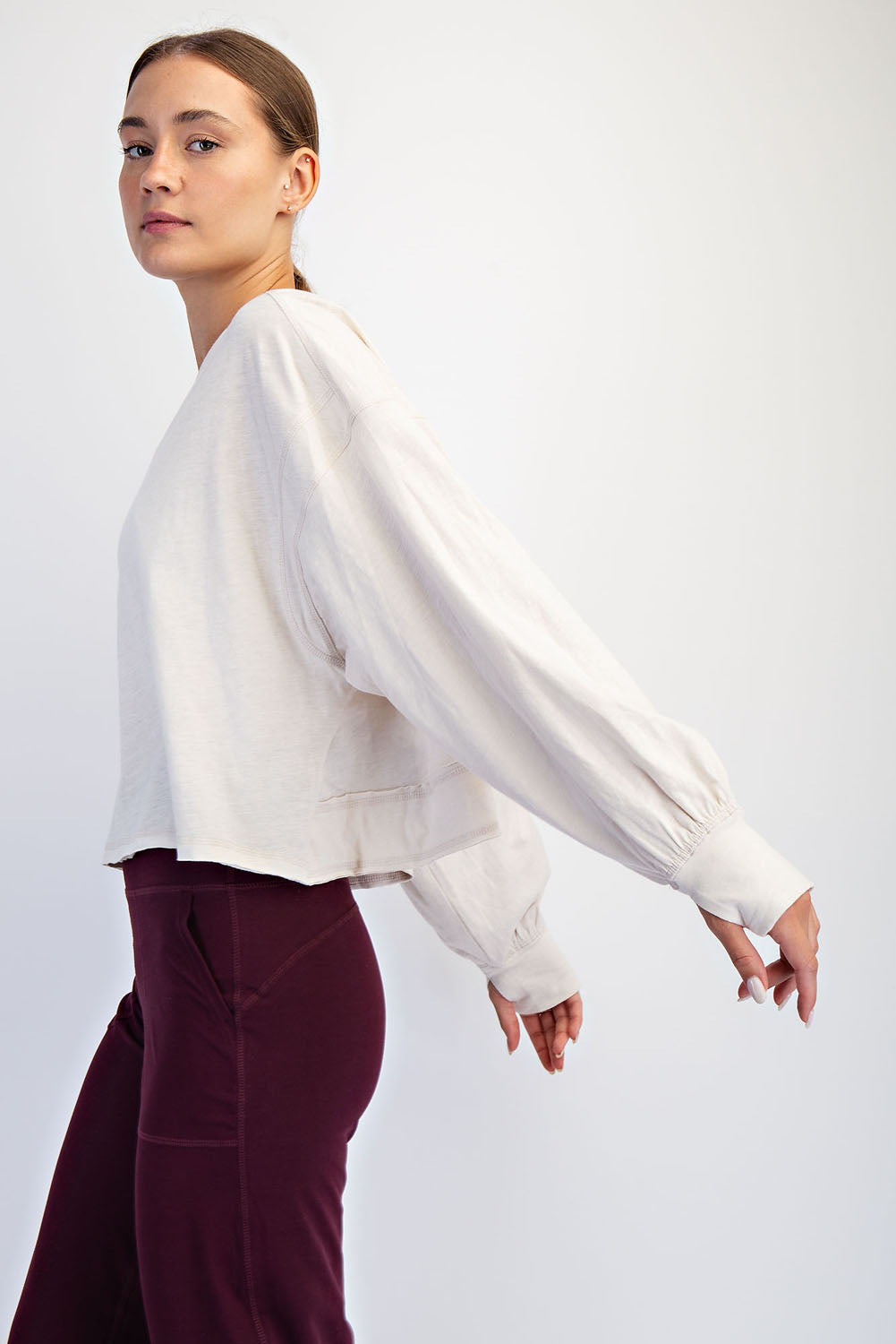 White / M: COTTON SLUB OPEN BACK LONG SLEEVE TOP