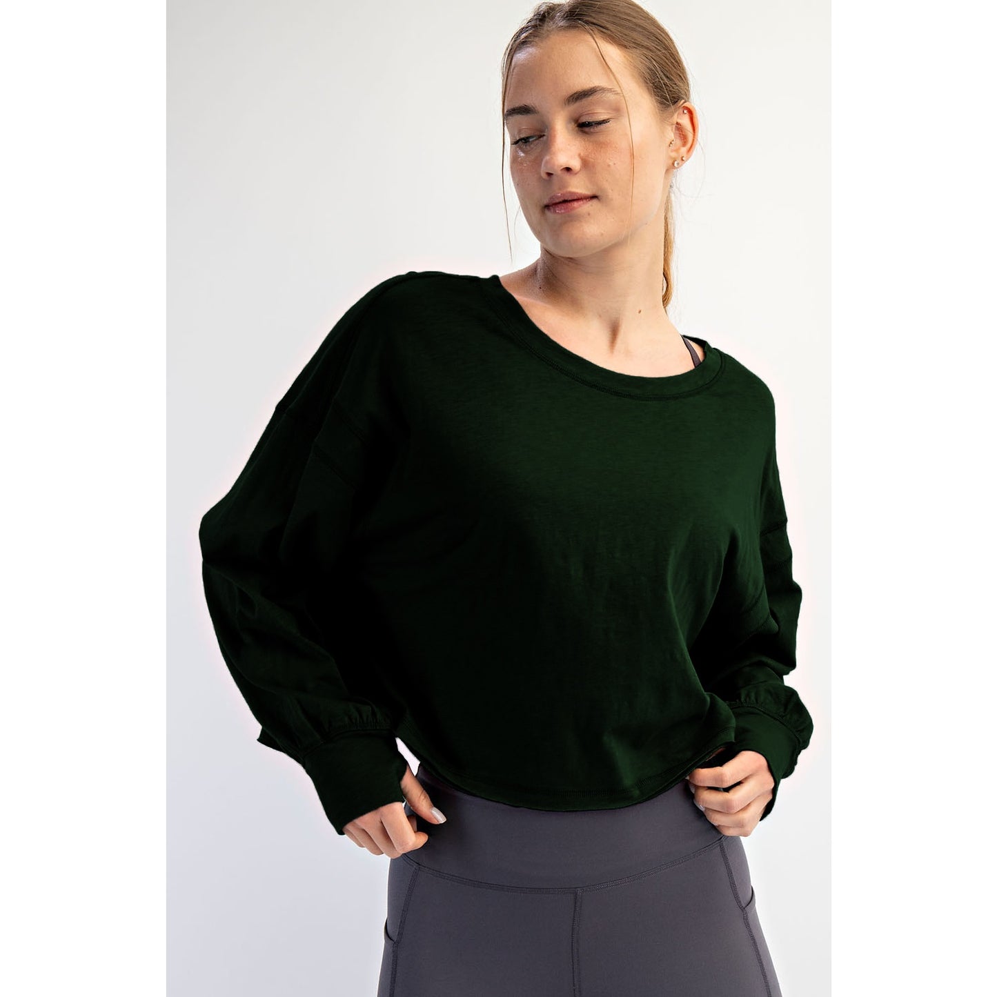 Black / L: COTTON SLUB OPEN BACK LONG SLEEVE TOP