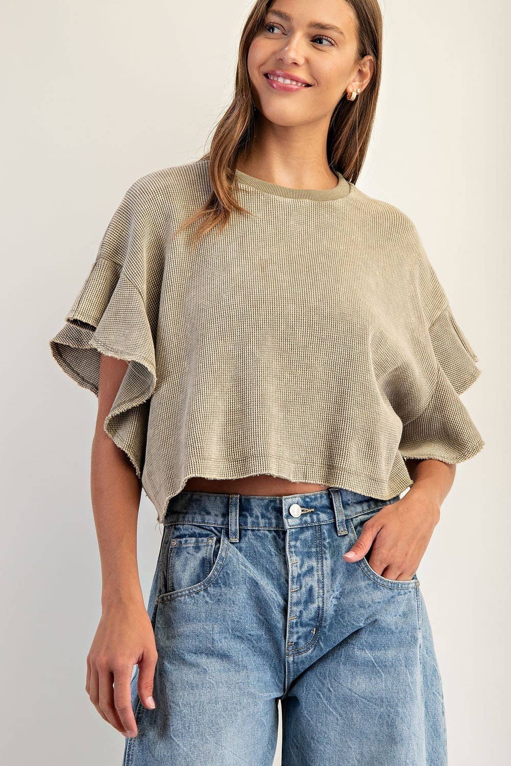 PL8297 - WAFFLE KNIT TIERED FLUTTER SLEEVE CROP TOP