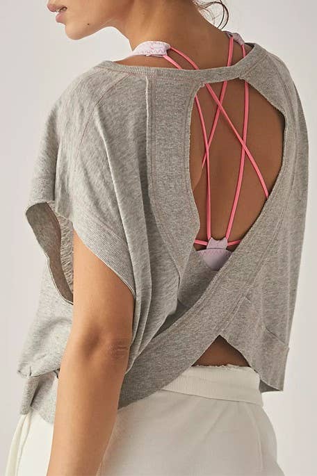 Pink / XL - Slouchy wrapped cutout back short sleeve workout tee top