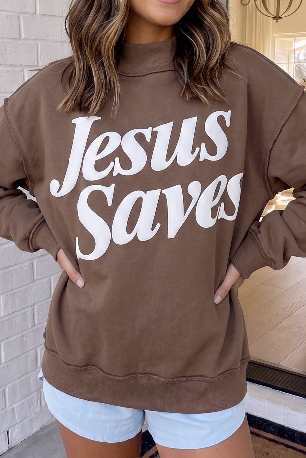 LAS Jesus Saves Mock Neck Baggy Sweatshirt