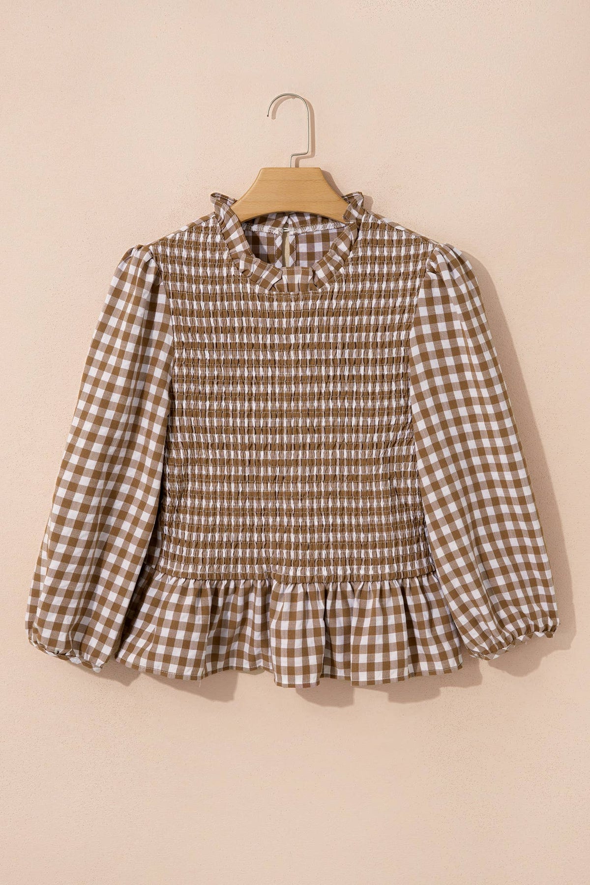 Plaid Smocked Bubble Sleeve Casual Blouse