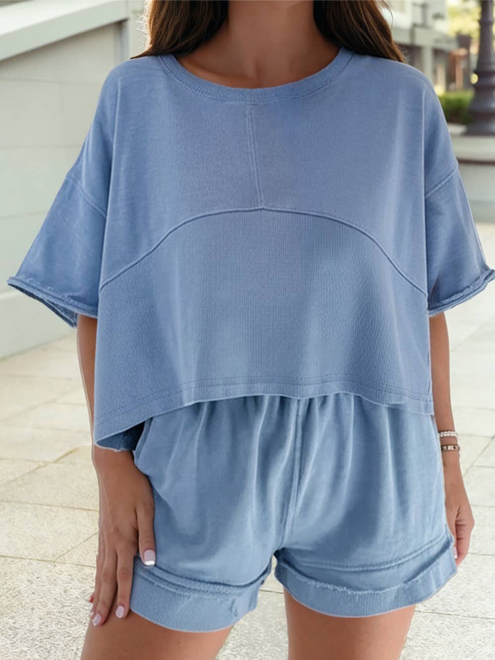 Color Contrast Textured Patchwork Raw Edge 2pcs Short Set