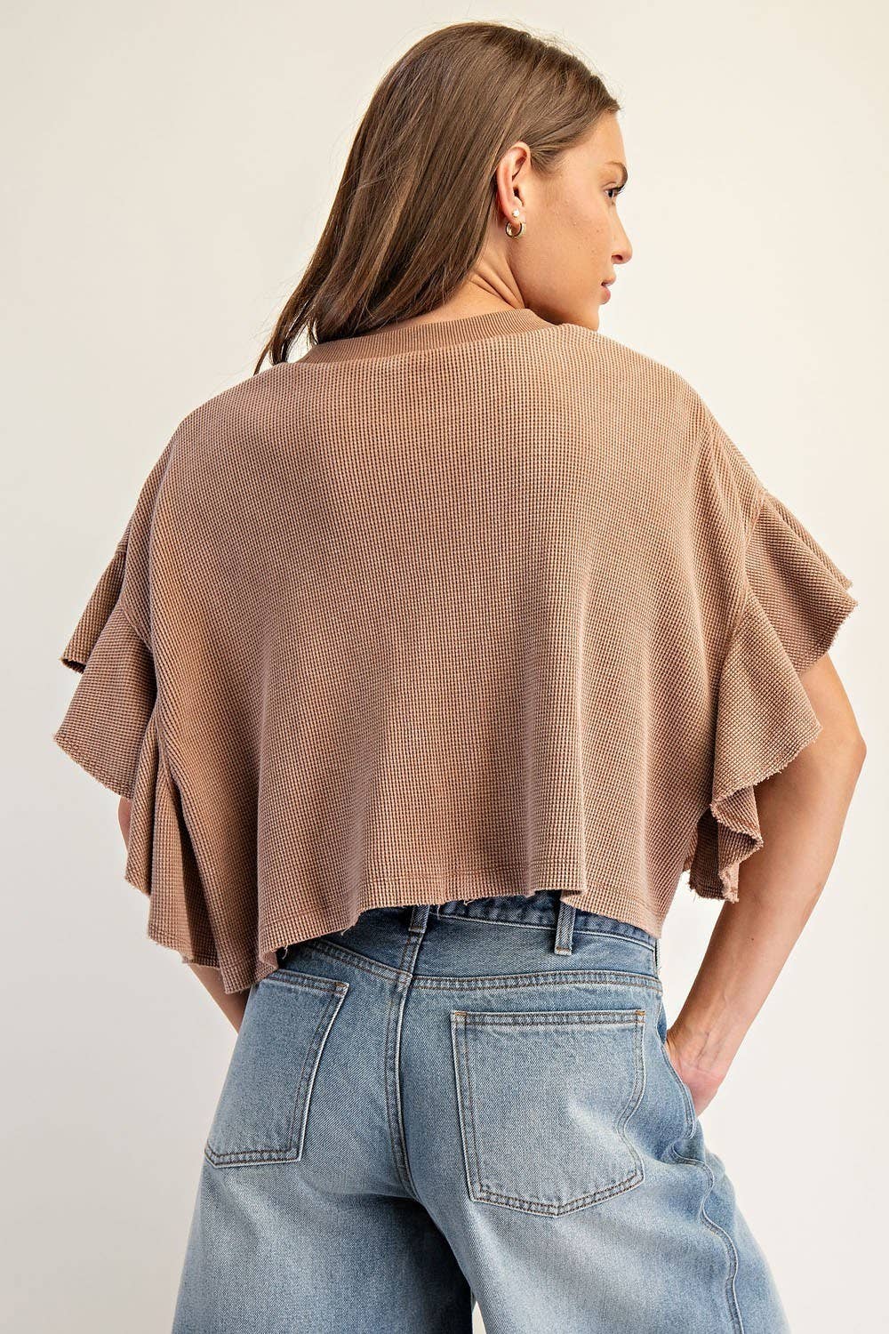 PL8297 - WAFFLE KNIT TIERED FLUTTER SLEEVE CROP TOP