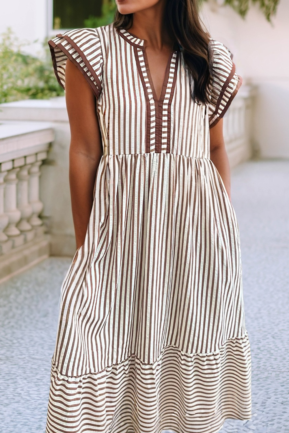 Ruffled Stripe Contrast Trim V Neck Dress