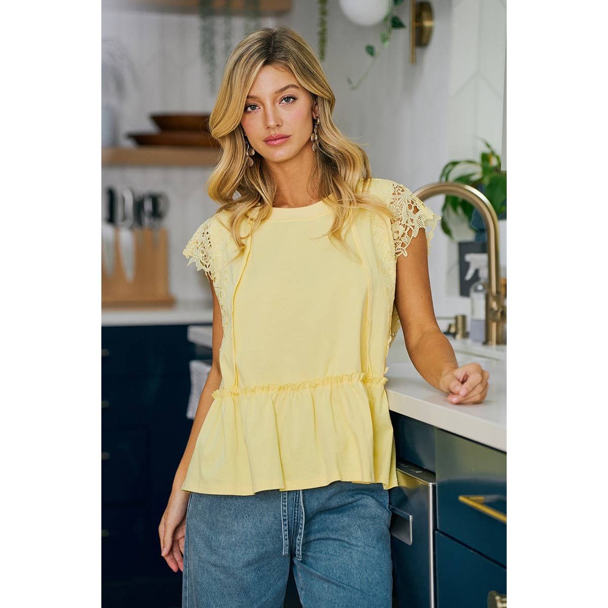 SOLID JERSEY TIERED TOP WITH LACE SLEEVE
